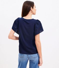 Framed in romantic eyelet, this soft knit tee brings instant pretty to even the most laid-back looks. Round neck. Short flutter sleeves with puff shoulders.,Hit:Hit: Hits at waist,Imported:Imported,Fit:Fit: Classic — follows your contours with a little room,Length:24" long,Fabrication:100% Cotton,Garment Care:Machine Washable Loft Eyelet Flutter Sleeve Top Size XS Deep Space Blue Women's by Loft Size Regular - XS Deep Space Blue Women's 100%, Cotton, Crew, Neck, Short, Sleeve, Tees, Tops, Work, Cotton Eyelet Puff Sleeve Tops, Cotton Eyelet Tops With Puff Sleeves, Casual Cotton Puff Sleeve Top With Ruffle, Casual Puff Sleeve Top With Pointelle Knit, Casual Short Sleeve Eyelet Top, Short Sleeve Eyelet Tops With Relaxed Fit, Relaxed Fit Eyelet Top With Short Sleeves, Relaxed Fit Short Sleeve Eyelet Top, Scarf Sale