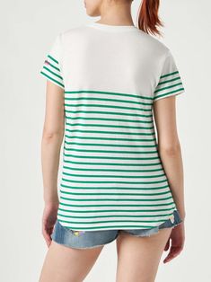 Woman t-shirtGreen and white stripedSt. Barth embroideryRound neckShort sleevesRegular fitTrue to sizeComposition: 100% cotton. Summer Short Sleeve T-shirt With Striped Hem, White T-shirt With Contrast Stripes For Summer, Casual Cotton Tops With Striped Hem, Casual Short Sleeve T-shirt With Striped Collar, White Contrast Stripes T-shirt For Summer, Summer Short Sleeve Tops With Striped Hem, Summer Striped Hem Short Sleeve Tops, Short Sleeve Tops With Striped Hem For Summer, White Cotton Top With Contrast Stripes