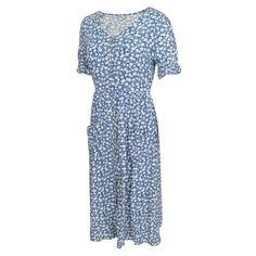 Blue V Neck Button Down Floral Dress with Pocket Blue Midi Dress With Buttoned Pockets, Blue Midi Dress With Button Closure For Day Out, Blue Button-up Midi Dress, Blue Midi Dress With Buttons For Day Out, Casual Blue Dress With Buttons, Casual Floral Print Button-up Midi Dress, Casual Blue Midi Dress With Button Closure, Dresses Floral, Blue V