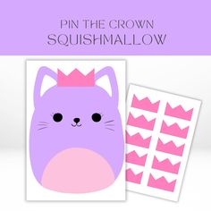 a purple cat with a pink crown on it's head next to stickers