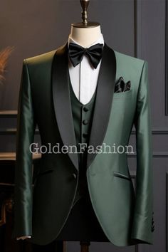 a green tuxedo with black lapel and white shirt