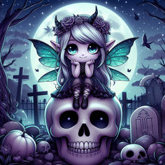 a cute gothic fairy sitting on a skull in a graveyard 10 Graveyard At Night, Holiday Party Crafts, Fairy Sitting, Halloween Pfp, Halloween Wallpaper Cute, Fairy Wallpaper, Gothic Fairy, Gothic Dolls, Skull Wallpaper