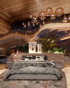 a large bed sitting under a chandelier next to a wooden ceiling with hanging lights