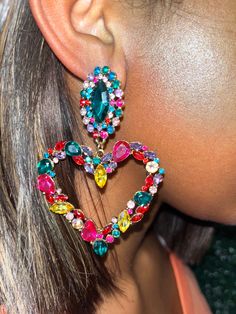 Multicolor heart shaped earrings Trendy Heart Beads Jewelry For Party, Trendy Pierced Heart Earrings, Trendy Single Heart Earring For Valentine's Day, Heart-shaped Clip-on Earrings For Valentine's Day, Trendy Jewelry For Valentine's Day Party, Valentine's Day Party Pierced Hoop Earrings, Valentine's Day Party Hoop Earrings Pierced, Trendy Multicolor Crystal Earrings, Trendy Heart Charm Jewelry For Party