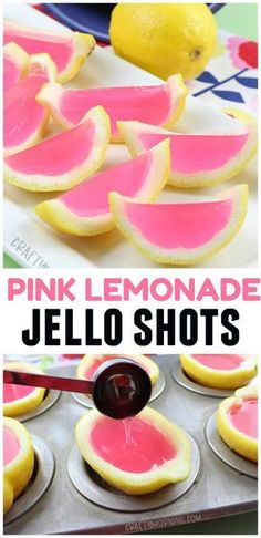 pink lemonade jello shots are shown in the foreground, and on the top right