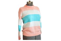 Vintage 1980's pastel mockneck sweater Cute, heavy-knit sweater with color blocked stripes.  Brand is AJ and Friends Women's size 8 medium Shown on size 8 mannequin 100% acrylic  Made in Taiwan Great vintage condition. One pulled thread near sleeve. Light pilling.  I'll gladly answer any questions on the product and can even offer styling tips through Etsy messaging.  DISCLAIMER Clothing, bags and shoes from DMLish Vintage is, as the name suggests, vintage and are therefore pre-owned.  My home i Retro Striped Color Block Sweater, Heavy Knit Sweater, Pastel Sweater, Mockneck Sweater, Pet Allergies, Bags And Shoes, Heavy Knit, Pullover Sweater Women, Mock Neck Sweater