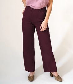 Maroon Bessette Pants – Loup Utility Style Workwear Jeans With Elastic Waistband, Loose Fit Straight Leg Work Pants With Welt Pockets, High Waist Cotton Chinos For Business Casual, Chinos With Belt Loops And Straight Leg, Mid-rise Relaxed Fit Chinos With Belt Loops, Fall Mid-rise Chinos With Belt Loops, Mid-rise Chinos With Belt Loops For Fall, Versatile Straight Leg Chinos With Pockets, Relaxed Fit Wide Leg Work Pants With Belt Loops