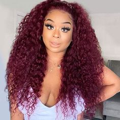 Burgundy Curly Wig, Wig Frontal, Natural Looking Curls, Brazilian Curly Hair, Wine Red Hair, Curly Lace Wig, Brazilian Straight Hair, Front Hair Styles, Burgundy Hair