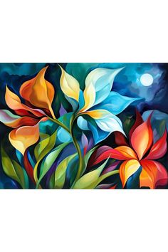 an abstract painting of colorful flowers on a black background with the moon in the distance