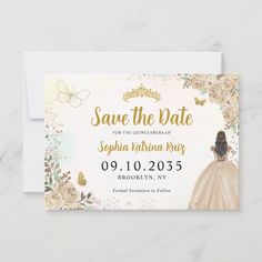 save the date card with an image of a woman in a ball gown and flowers