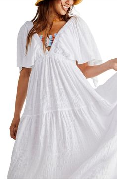 Free People La La Tiered Flutter Sleeve Maxi Dress | Nordstrom Flowy V-neck Tiered Dress For Vacation, Billowy V-neck Maxi Dress For Summer, V-neck Tiered Dress With Ruffle Hem For Vacation, Breezy V-neck Dress With Ruffles, Breezy V-neck Dress With Ruffle Hem, White V-neck Tiered Dress For Summer, V-neck Tiered Dress With Ruffle Hem For Beach, Flowy Short Sleeve Tiered Dress For Vacation, Flowy Tiered Short Sleeve Dress For Vacation