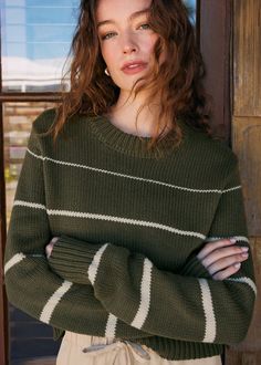 The Milan Stripe Sweater is made using cotton acrylic sweater yarns and features a classic placement stripe for eye-catching appeal. You'll love the soft, cozy feel and relaxed fit of this crew neck. Relaxed slim fit. Crew neckline. Classic stripe detailing. Full length sleeves. 60% Cotton 40% Acrylic. Model is wearing a size S. Lounge Bra, Grape Leaf, Acrylic Sweater, Bright Stripes, Cozy Knit Sweater, Cropped Denim Jacket, Trend Forecasting, Short Pajama Set, Fitted Sweater