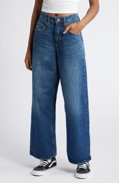 Effortlessly cool and laid-back, these vintage-inspired nonstretch jeans feature a low-rise waist, baggy wide legs and a logo at the back pocket. Exclusive retailer Zip fly with button closure Five-pocket style 100% cotton Machine wash, line dry Imported Dark Wide Leg Jeans, Low Rise Wide Leg Jeans, Dark Vintage, Bdg Urban Outfitters, Wide Legs, A Logo, Vintage Jeans, Wide Leg Jeans, Leg Jeans