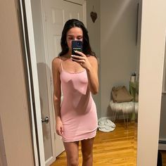 Pink Mini Dress, Size Extra Small, H&M, Never Worn Spring Casual Bodycon Dress With Built-in Bra, Spring Feminine Mini Dress With Built-in Bra, Spring Mini Dress With Built-in Bra, Casual Mini Dress With Built-in Bra For Daywear, Casual Bodycon Dresses With Built-in Bra, Feminine Pink Mini Dress With Built-in Bra, Flirty Spring Slip Dress With Stretch, Flirty Stretch Slip Dress For Spring, Spring Bodycon Mini Slip Dress