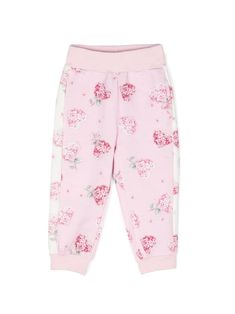 pink/white/green stretch-cotton jersey texture tapered leg floral print elasticated waistband two side inset pockets ribbed cuffs slip-on style Spring Cotton Joggers With Ribbed Waistband, Spring Cotton Joggers With Elastic Waistband, Pink Sweatpants With Ribbed Waistband, Spring Cotton Joggers With Elastic Cuffs, Pink Joggers With Ribbed Waistband, Pink Cotton Sweatpants, Pink Bottoms With Elastic Cuffs For Spring, Pink Cotton Sweatpants For Summer, Pink Cotton Pants With Elastic Cuffs