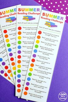 four reading challenge bookmarks with the words summer reading challenge on them and polka dots