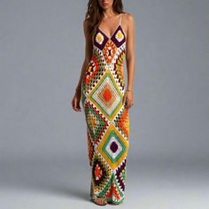 This Long elegant maxi dress is perfect for all day round by the beach and evening cocktails. The multi-colored crochet dress gives you a feminine shape and hugs you in all the right places thanks to its knit design. Product Details: Crochet fabric Maxi Length open back detail Summer Crochet Maxi Dress For Beach Party, Crochet Maxi Sundress For Vacation, Crochet Sundress Maxi Length For Vacation, Maxi Length Crochet Sundress For Vacation, Fitted Sundress Crochet Maxi Dress, Fitted Crochet Maxi Sundress, Fitted Crochet Sundress Maxi Length, Beach Crochet Maxi Dress, Bohemian Crochet Maxi Dress For Vacation