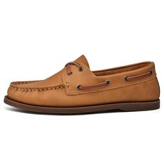 PRICES MAY VARY. Leather Upper: This loafers feature a high-quality unlined leather upper for long-lasting wear and soft comfort. Lacing System: 360-degree cowhide lacing system provides ample abrasion resistance and stability. Elastic Insole: Double-layer EVA foam insole has excellent resilience and provides some arch support. Relieve the stress when you walk. Rubber Sole: This leather boat shoes features a high-density rubber sole that provides ample traction and abrasion resistance.The groove Mens Boat Shoes, Classic Loafers, Shoe Image, Moccasins Style, Leather Boat Shoes, Shoes Classic, Casual Dress Shoes, Casual Shoe, Shoes Leather