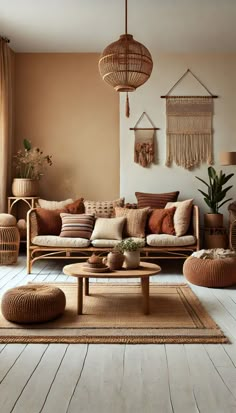 A minimalist Bohemian-style living room featuring rattan furniture, a low coffee table, and cushions and throws in earthy tones of brown, beige, and terracotta. The room includes a woven rug, potted plants, and hanging macramé, creating a warm and natural atmosphere that reflects a carefree Bohemian lifestyle Boho Mediterranean Living Room, Desert Aesthetic Decor Living Room, Earthy Minimalist Living Room, Bohemian Minimalist Living Room, Drawing Room Decor Ideas, Earthy Tones Interior, Earthy Boho Living Room, Room Inspo Boho