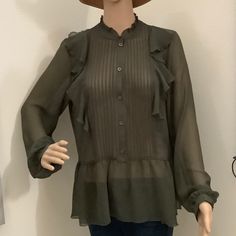 Who What Wear Small, Olive Green Long Sleeve Transparent Blouse ,With A Very Elegant High Neck ,Has Small Details Of Frills In Front The Sleeve ; Is Wide Enough Is Relaxed And Elegant At The Same Time . It Is 100% Polyester . It Was Never Used Casual Sheer Top For Office, Casual Sheer Blouse For Office, Sheer Green Blouse, Wear Green, Green Long Sleeve, Green Top, Small Details, Green Tops, Who What Wear