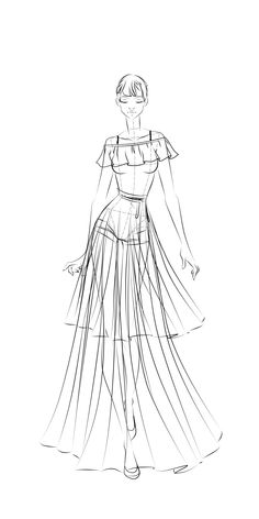 a drawing of a woman's dress in black and white, with the skirt pulled back