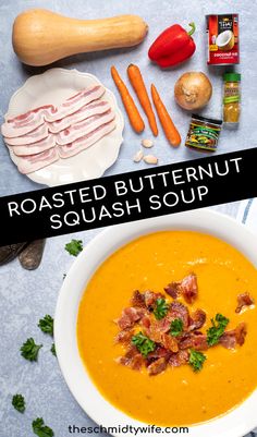 roasted butternut squash soup in a white bowl with bacon and parsley on the side