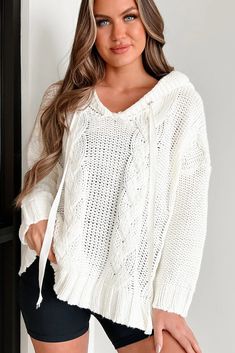 Creating Something New Cable Knit Sweater Hoodie (Ivory) · NanaMacs Cutest Clothes, Ivory Sweater, Flying Monkey Jeans, Estilo Chic, Large Dress, Pinterest Closet, Sweater Material, Outfit Combinations, Jeans Size Chart