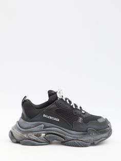 These black sneakers have Clear Sole technology with a 3-layered outsole, an embroidered size on the toe, a logo on the side, an embossed logo on the back, a rubber Triple S logo on the tongue, a bicolor lace-up closure, and an extra pair of laces. The washed effect gives them a worn-in appearance. Size nationality: Italy Product code: 544351W2FB11000 Composition: 52% polyester, 48% polyurethane Balenciaga Triple S Clear Sole, Messenger Bag Backpack, Sole Sneakers, S Logo, Balenciaga Triple S, Boot Pumps, Black Sneakers, Clothes Collection, Embossed Logo