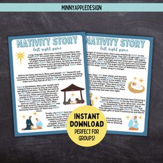 two nativity story booklets on a blackboard with the text, instant download for groups