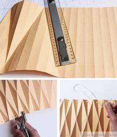 the process of making an origami paper sculpture with scissors and tape is shown