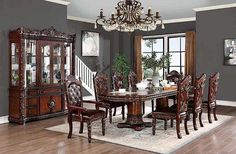 Canyonville Brown Cherry/Dark Brown 9 Pc. Dining Room Set - Ornate Home Traditional Dining Set, Double Pedestal Dining Table, Cherry Brown, Traditional Dining, Expandable Dining Table, Pedestal Dining Table, Dining Room Set, Furniture Of America, Extendable Dining Table