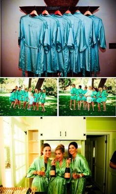 the bridesmaids are dressed in green robes