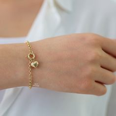 14k Gold Rolo Link Bracelet w/ Puffy Heart Charm | Dainty Belcher Chain Gold Bracelet, Sailor Lock Clasp, Minimalist Gift | Gift for Her #HeartCharmBracelet #BelcherBracelet #GoldRoloBracelet #RoloLinkBracelet #SailorLockClasp #PuffyHeartCharm #GraduationGift #RoloHeartBracelet #BelcherChain #GiftForHer Everyday Heart Bracelet With Lobster Clasp, Everyday Yellow Gold Heart Charm Bracelet, Everyday Heart Charm Bracelets, Everyday Heart Charm Bracelet, Hypoallergenic Heart Bracelet, Gift Heart Bracelet In Yellow Gold With Lobster Clasp, Heart-shaped Charm Bracelet With Adjustable Chain, Yellow Gold Heart Bracelet Gift, Yellow Gold Heart Bracelet With Lobster Clasp