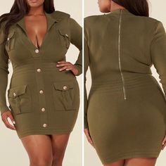 Plus Size Long Sleeve Bandage Zip Up Mini Dress Nwt-Unopened Package Perfect Dress Form, Hits Just Above The Knee Comfy, Sexy Casual Great Color Stunning Gold Buttons Flattering Waistline % Viscose 28% Nylon. * Model Is Wearing Size 1x Length: 35" Bust: 36" Waist: 30". Fitted Long Sleeve Khaki Dress, Fitted Khaki Long Sleeve Dress, Fitted Khaki Mini Dress For Fall, Chic Fitted Khaki Mini Dress, Fitted Khaki Dress With Buttons, Semi Dresses, Floral Dresses Short, Ruffle Sleeve Dress, Blue And White Dress