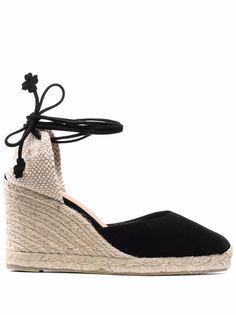 Black suede Carina suede wedge espadrilles from Castañer featuring branded insole, round toe, tie-fastening ankle strap and mid wedge heel. Castaner Carina, Wedge Espadrilles, Black Espadrilles, Espadrille Sandals, Suede Wedges, Hot Shoes, Sandals Black, Wedge Espadrille, Black Sandals