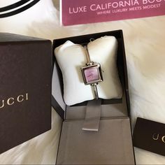 This Is Pre Loved Item In Great Condition .. Has The Box . See Photos For More Details . Fb And Instagram Account Luxe California Boutique Elegant Pink Rectangular Watch, Elegant Pink Rectangular Watches, Luxury Gucci Evening Watch, Designer Gucci Watch For Evening, Timeless Gucci Watch As Gift, Timeless Gucci Watch As A Gift, Timeless Gucci Evening Watch, Modern Gucci Watch For Gift, Designer Silver Watches As Gift