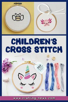 the children's cross stitch book is shown with embroidery and crafting supplies on it