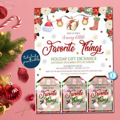 the holiday gift exchange flyer is displayed next to christmas decorations and presents on a pink background