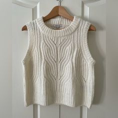 Cute Sweater Vest From Madewell In Size Xs. New With Tags White Knit Vest For Winter, Casual White Cable Knit Vest, White Crew Neck Vest For Fall, Cute Sweater Vest, Turtleneck Layering, Women Faux Fur Vest, Olive Green Vest, Brown Faux Fur Vest, Vest Layering