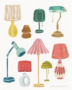 watercolor painting of lamps on white paper with blue and green accents, including one lamp