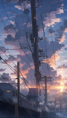 the sun is setting behind power lines and telephone poles in an anime cityscape