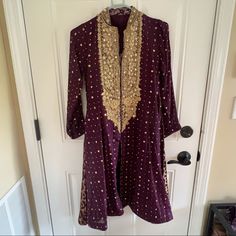 Purple Chiffon Outfit. Shirt Is Fully Lined. Heavy Gold Embellishments On The Shirt With Sequin Spray. Dupatta Is Chiffon And Pants Are Jamawar. Size Is Xs. Never Worn Completely Brand New Eid Sequinned Purple Sets, Eid Purple Sequin Sets, Purple Sequined Sets For Eid, Purple Long Sleeve Sets With Mirror Work, Purple Georgette Sets With Sequins, Purple Sequined Georgette Sets, Purple Sequin Dress For Eid, Purple Bollywood Traditional Wear With Sequins, Purple Sets With Mirror Work For Celebration