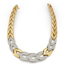 Diamond And Gold Pave Link Necklace 28 ct diamonds 18 karat yellow gold Made circa 1970 Cuban Pattern, Shop Board, Jewelry Chains, Bvlgari Jewelry, Pearl Jewels, Gold Jewelry Stores, Gold Diamond Necklace, Ruby Necklace, White Gold Necklaces