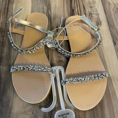 True To Size, Never Worn! Party Flat Sandals With Bling, Flat Party Sandals With Bling, Sparkling Open Toe Sandals For Summer, Spring Beach Sandals With Sparkling Details, Sparkling Beach Sandals For Spring, Spring Beach Sparkling Sandals, Summer Sandals With Bling And Synthetic Material, Sparkling Flat Sandals For Summer, Sparkling Flat Sandals For The Beach