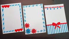 three cards with red, white and blue designs on them