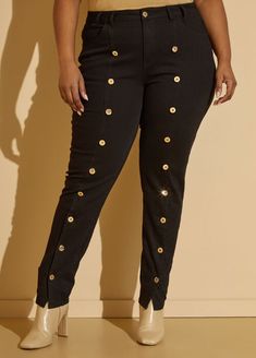 Embellished Split Hem Skinny Jeans, Black Trendy Fitted Jeans With Buttons, Trendy Pants With Buttons, Fitted Jeans With Buttons For Fall, Trendy Stretch Jeans With Button Zip Fly, Trendy Fitted Jeans With Button Zip Fly, Trendy Fitted Jeans With Button Closure, Stretch Straight Leg Jeans With Buttons, Fitted Jeans With Snap Buttons For Spring, Fall Fitted Jeans With Snap Buttons