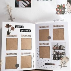 an open scrapbook with pictures and stickers on the pages that are attached to it