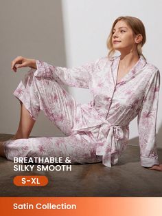 Women Basic Printed Satin Button-Up Tie-Waist Top & Long Pant Pajama Set Women's Sleepwear Lounge Set Red Violet Elegant    Plants,All Over Print Pant Sets Slight Stretch Spring/Fall,Fall/Winter Women Sleep & Lounge, size features are:Bust: ,Length: ,Sleeve Length: Homewear Outfit, Sleepwear Women Pajamas, Satin Button Up, Tie Waist Top, Women's Sleepwear, Fairy Fashion, Womens Pyjama Sets, Pajama Set Women, Lounge Set