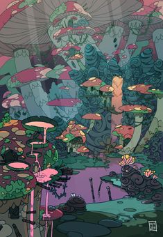 an image of mushrooms in the woods with pink and blue colors on them, as well as