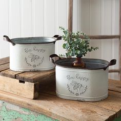 Bee Happy Distressed Metal Oval Buckets (Set of 2)-Home Decor-Vintage Shopper Farm Storage, Estilo Farmhouse, Galvanized Metal Bucket, Metal Buckets, Bee Boxes, Small Buckets, Kitchen Counter Decor, Metal Bucket, Chippy Paint